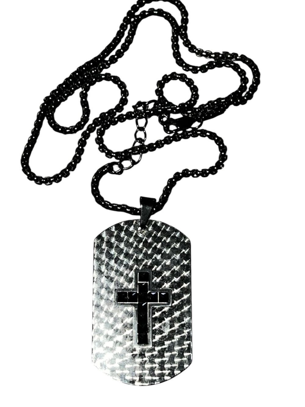 Men's Black Stainless Steel Dog Tag Necklace with Cross Pendant 22”
